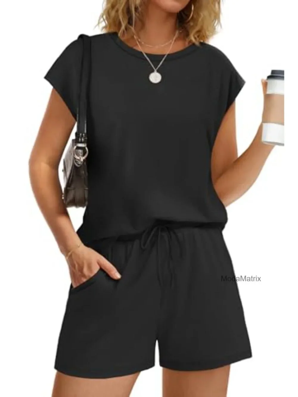 Two Piece Lounge Short Set Women Summer Crew Neck Drawstring Sweatsuit